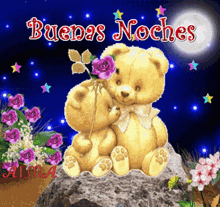 two teddy bears sitting on a rock with the words buenas noches