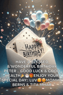 an envelope with balloons and a card that says happy birthday on it