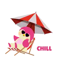 an illustration of a pink penguin sitting under an umbrella with the words chill below it