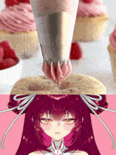 a cupcake with pink frosting is being decorated by a piping bag