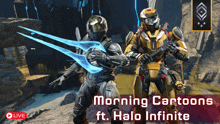 a video game advertisement for morning cartoons ft. halo infinite