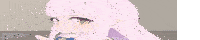a cartoon girl with long pink hair and yellow eyes is looking at the camera .