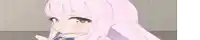 a cartoon girl with long pink hair and yellow eyes is looking at the camera .