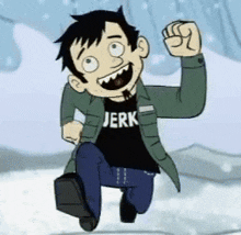 a cartoon character wearing a shirt that says jerk