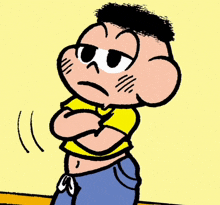 a cartoon character with a yellow shirt and blue jeans