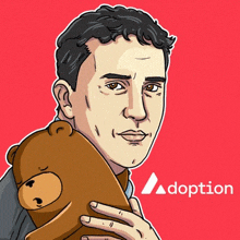 a cartoon drawing of a man holding a teddy bear with the adoption logo in the corner