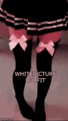 a woman is wearing thigh high socks and a skirt with bows on the thighs .