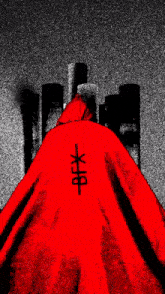 a person in a red cape with chinese writing on it