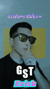 a man wearing sunglasses holds his finger to his mouth and says gst brick