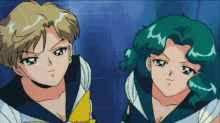 two anime characters are standing next to each other with one looking angry