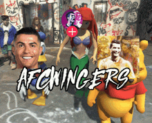 a group of cartoon characters including ronaldo and winnie the pooh are standing in front of a graffiti wall