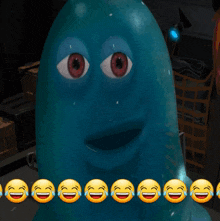 a blue cartoon character is surrounded by smiley faces that are laughing