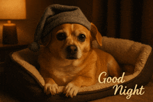 a dog wearing a sleep hat is laying in a dog bed with the words good night written on the bottom