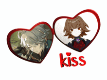 a couple of hearts with a girl and a boy and the word kiss