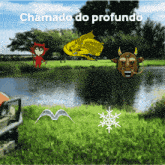 a cartoon of a devil a dragon a bull and a snowflake with the words chamado do profundo above