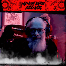 an advertisement for midnight nation chronicles shows a man with headphones on