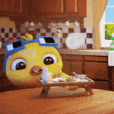 a cartoon duck is sitting at a table with a tray of food on it