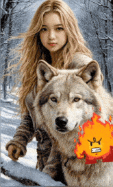 a painting of a woman standing next to a wolf with a fireball in the background