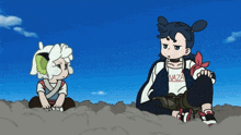 a cartoon character wearing a shirt that says ' vaza ' on it sits next to another character