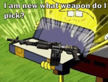 a cartoon of spongebob holding a gun in a case with the caption i am new what weapon do i pick