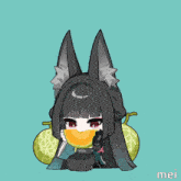 a drawing of a girl holding a melon with mei written on the bottom right