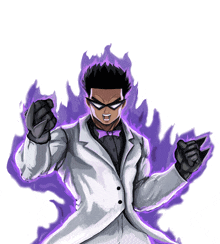 a cartoon of a man in a white suit with purple flames behind him