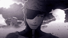 a black and white drawing of a man wearing a blindfold and a crown .