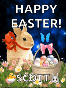 a happy easter greeting card with a bunny and a basket of easter eggs