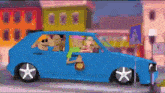 a blue car with a star on the wheel is driving down the street