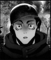 a black and white drawing of a man wearing a helmet and a jacket .