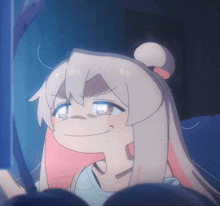 a cartoon girl with long white hair is smiling and looking at something