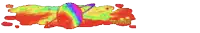 a blue and red graphic with a rainbow in the middle of it