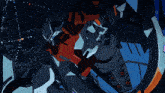 a cartoon drawing of a robot in space with a blue background