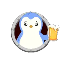 a blue and white penguin is holding a beer