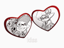 two hearts with drawings of a boy and a girl and the word kiss on the bottom