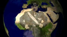a man in a military uniform is standing in front of a planet