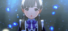 a girl in a maid outfit is standing in front of a blue background .