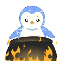 a penguin is in a cauldron with flames and the word pengu on the bottom right