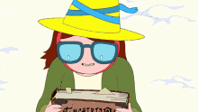 a cartoon girl wearing glasses and a yellow hat with her mouth open