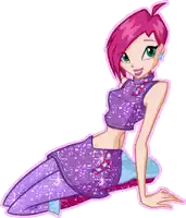 a cartoon girl with pink hair is sitting on the floor wearing a purple dress