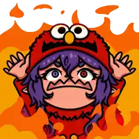 a cartoon character with purple hair and elmo on her hat