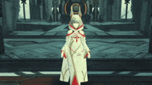 a girl in a white and red dress with horns is standing in a hallway