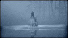 a person in a white shirt is standing in a body of water .