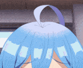a close up of a person 's head with blue hair and a purple tail