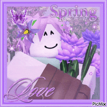 a picture of a girl with purple hair and the word spring on it
