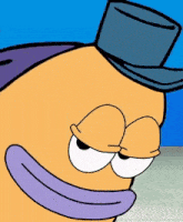 a cartoon character wearing a top hat and purple lips