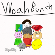 a group of cartoon characters are standing next to each other under a banner that says woah bunch
