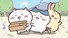 a cartoon drawing of a bear and two rabbits