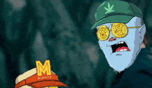 a cartoon of a man wearing a mcdonald 's hat