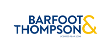 a blue and yellow logo for barfoot & thompson licensed reaa 2008